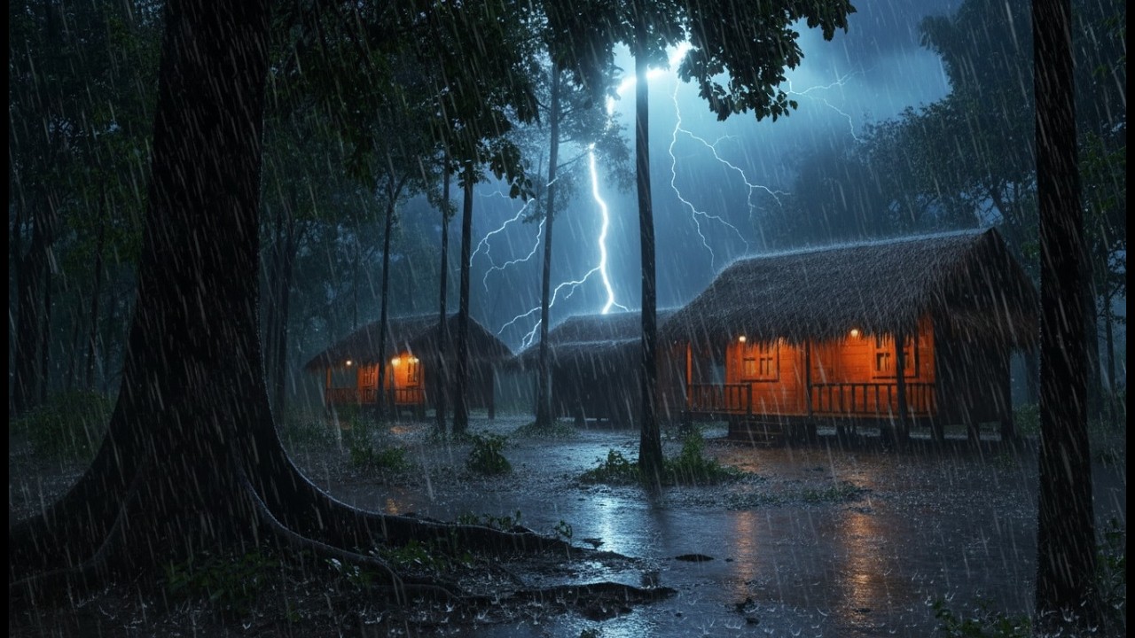Night Rain & Thunder Outside a Forest Cabin ⛈️ Calm Ambience for Sleeping (No Music)