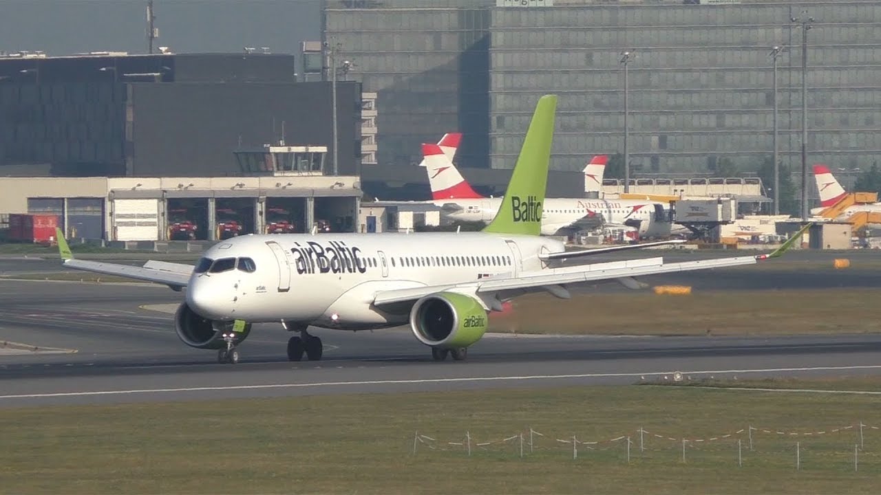 airBaltic Airbus A220 landing at Vienna Airport | YL-CSF