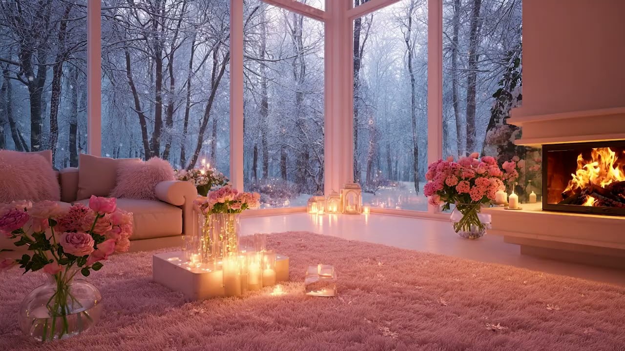 Warming the Soul on a Winter Night with Snow Wind Outside and Fireplace Fire Inside