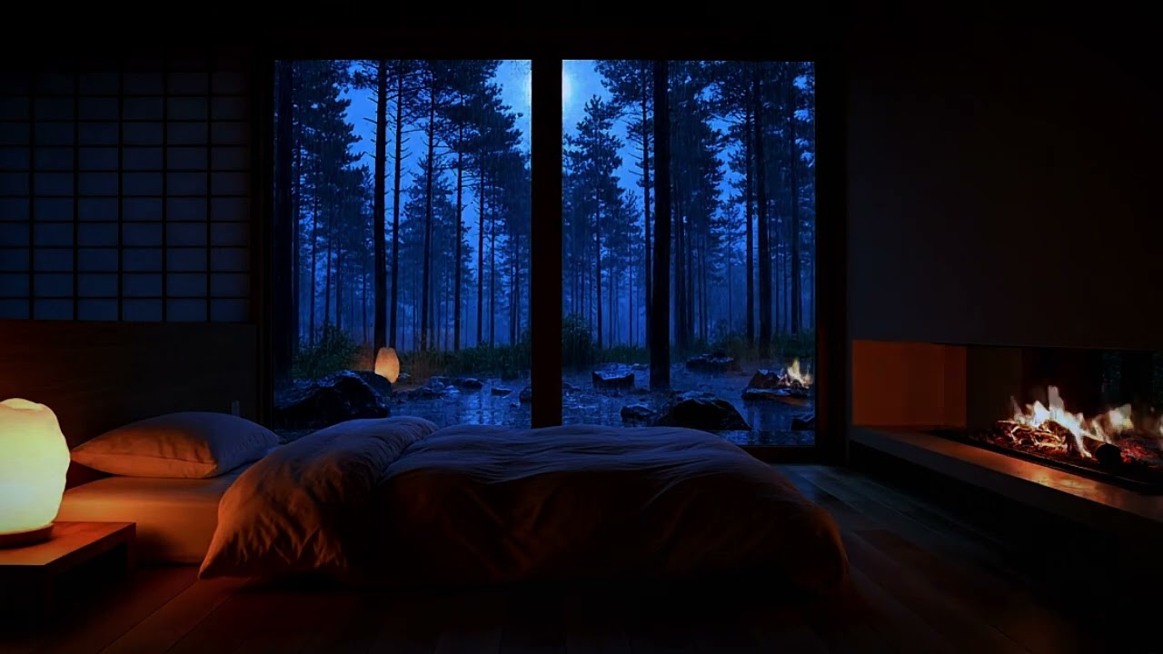 Japandi Cabin Bedroom - Gentle Rain & Warm Fireplace for Deep Sleep