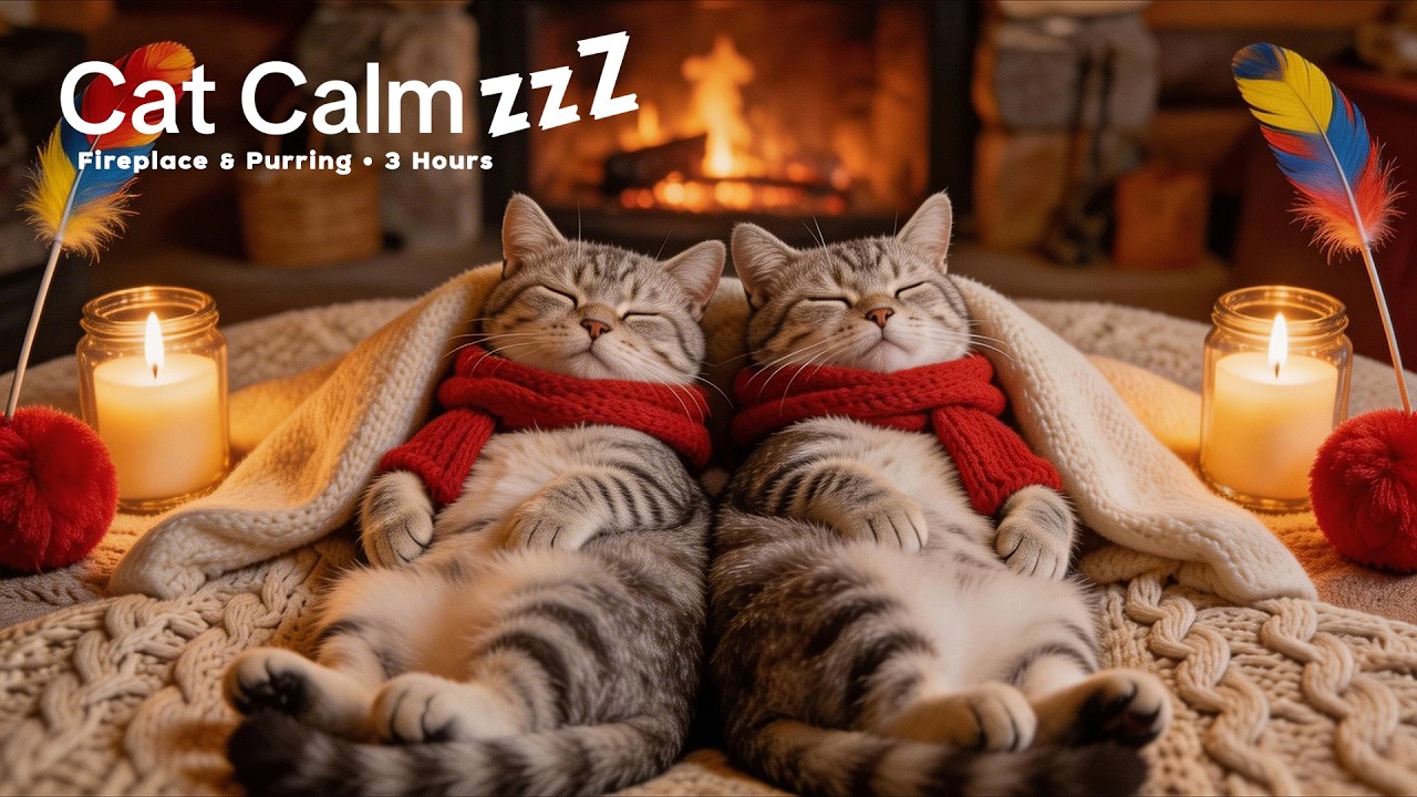 Sleeping Cats by the Fireplace 3 Hours | Cat Purring for Deep Sleep & Relaxation 🐱🔥