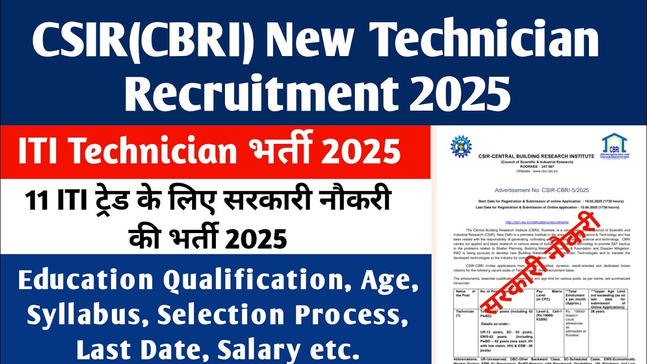 CSIR CBRI में निकली टेक्नीशियन के पद पर भर्ती 2025||ITI Technician New Vacancy Notification  2025||