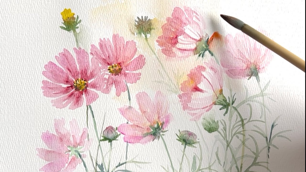 [水彩画]晩秋のコスモスを描く/watercolorpainting/制作過程