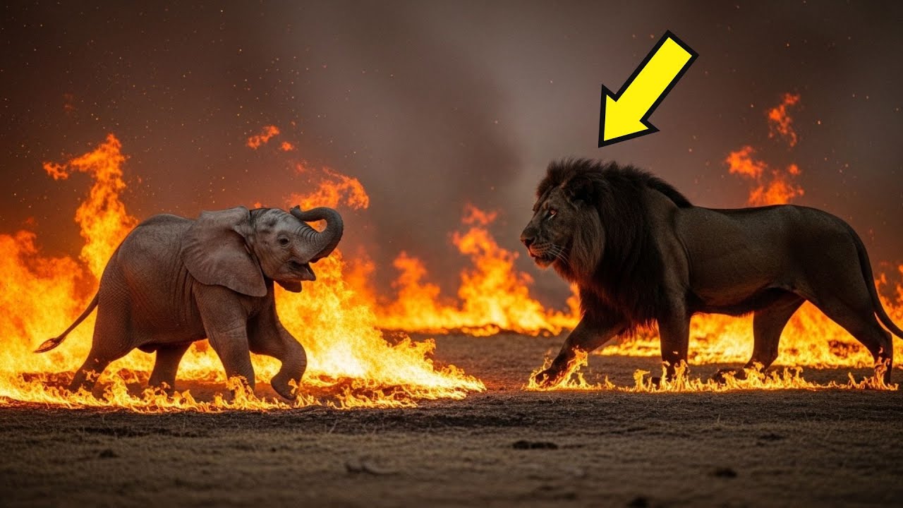Bebé Elefante atrapado en el círculo de fuego — ¡El León Negro cruzó el infierno para salvarlo!