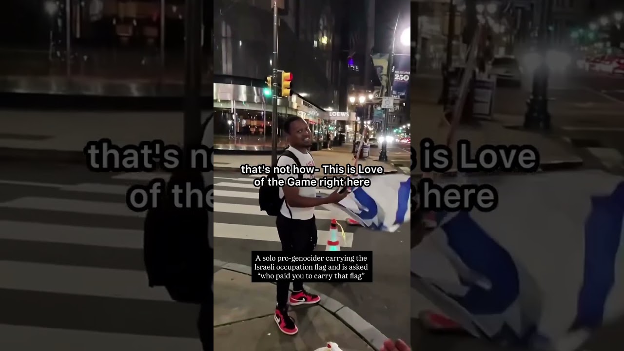 A solo pro-genocider carrying the Israeli flag is asked how sent him there