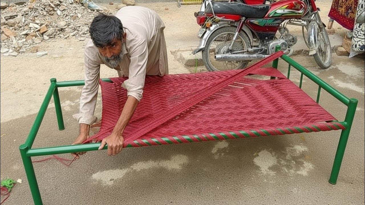 Artistic Technique of Weaving a Cot | Wonderful Designed Nylon Rope Cot Weaving by Old Man 