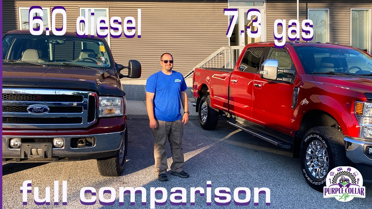 6.0 Powerstroke diesel vs 7.3 Godzilla gasser - full comparison hp towing acceleration MPG and more