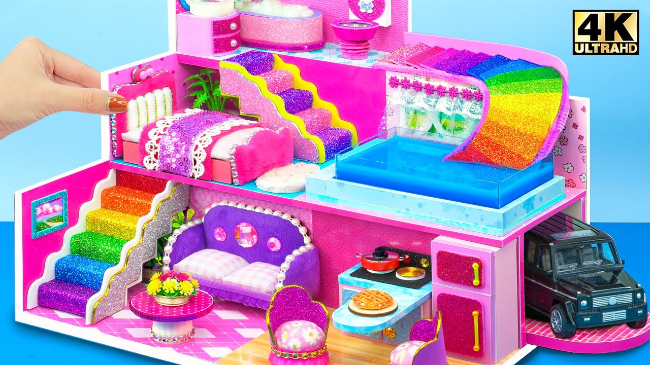 Build Beautiful Pink 3-Storey House with Slide and Fly Water Slide to the Pool DIY Miniature House
