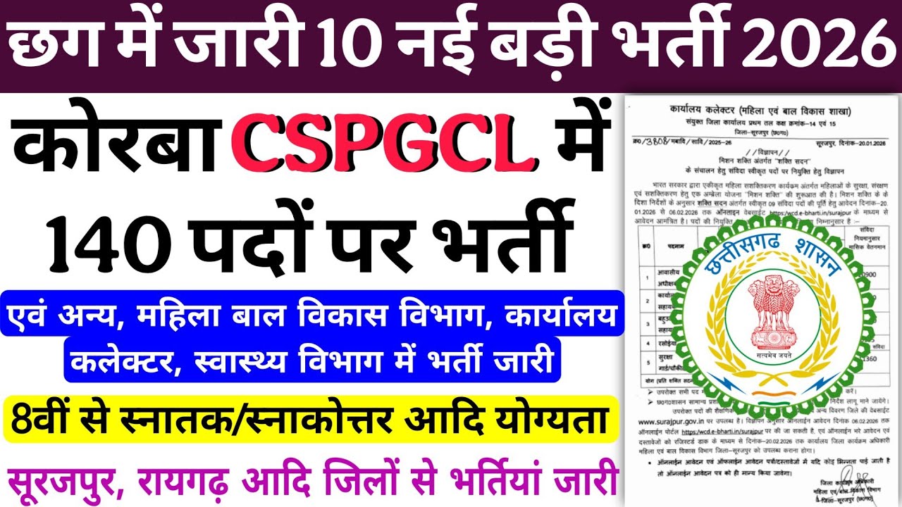 10 new big recruitment 2026 released in Chhattisgarh/Recruitment for 140 posts in Korba CSPGCL/8t...