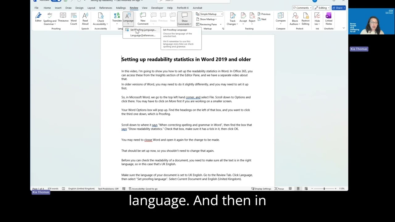 Setting up readability statistics in Word 2019 and older