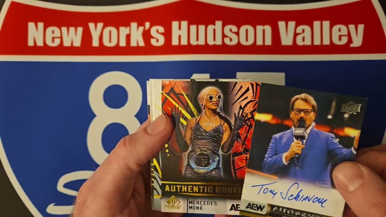 Набор из двух автографов AEW Legend от Upper Deck SP, использованный в игре, в коллекционном боксе.