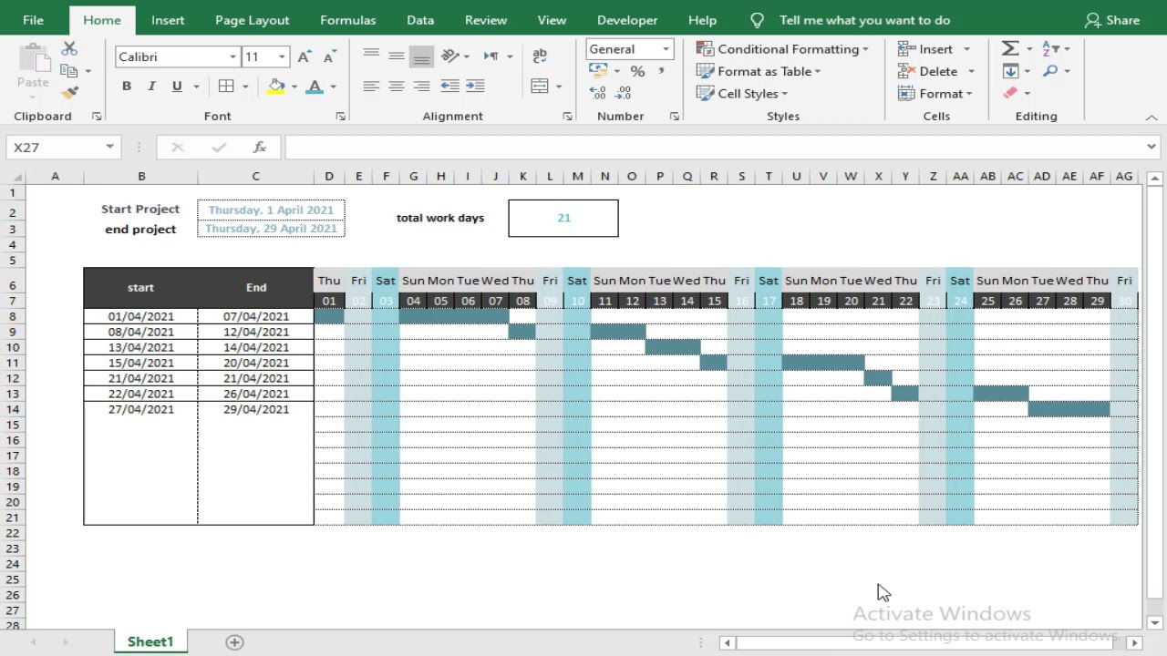 طريقة عمل gantt chart مخطط زمني للمشروع علي الإكسيل
