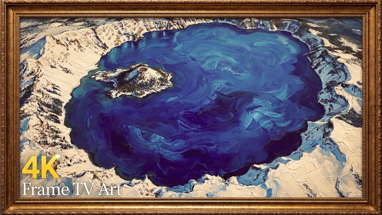 Deep Blue Silence | Crater Lake Oil Painting | Gold Frame TV Art Screensaver | 2 Hours