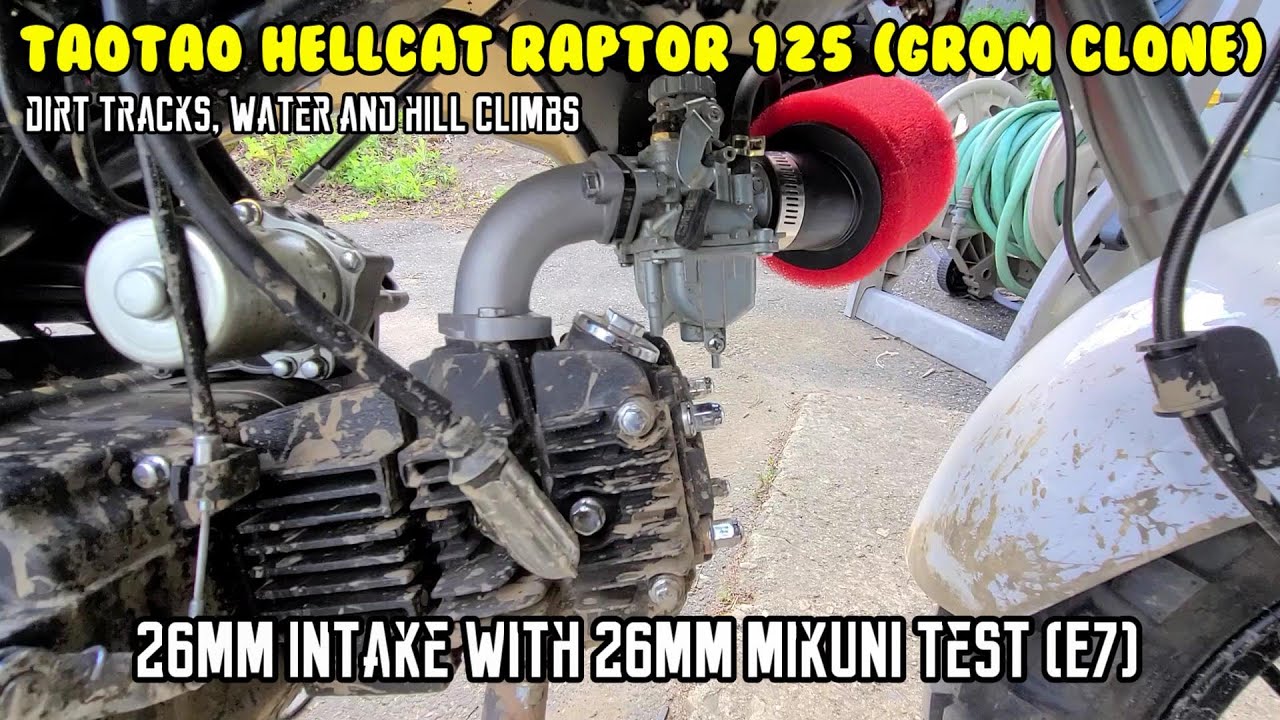 (E7) Hellcat Raptor 125cc 26mm intake and Mikuni Carb test, Dirt track water and hill climbs