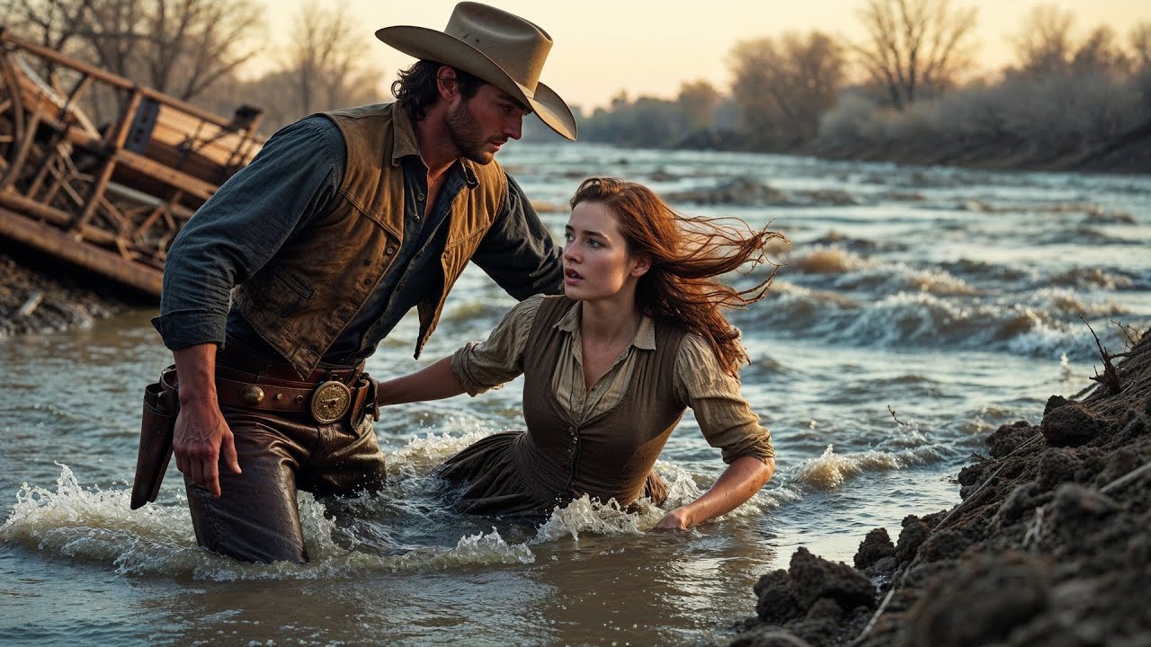 The Flood Swept Her Wagon Over The Embankment, A Cowboy Dove In And Pulled Her From The Water