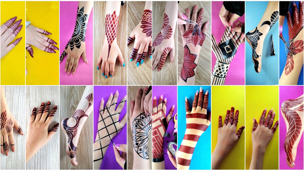 أجمل مجموعة تصاميم حناء جديدة بالشريط اللاصق😍استكرات/New collection of hands stripes melody designs