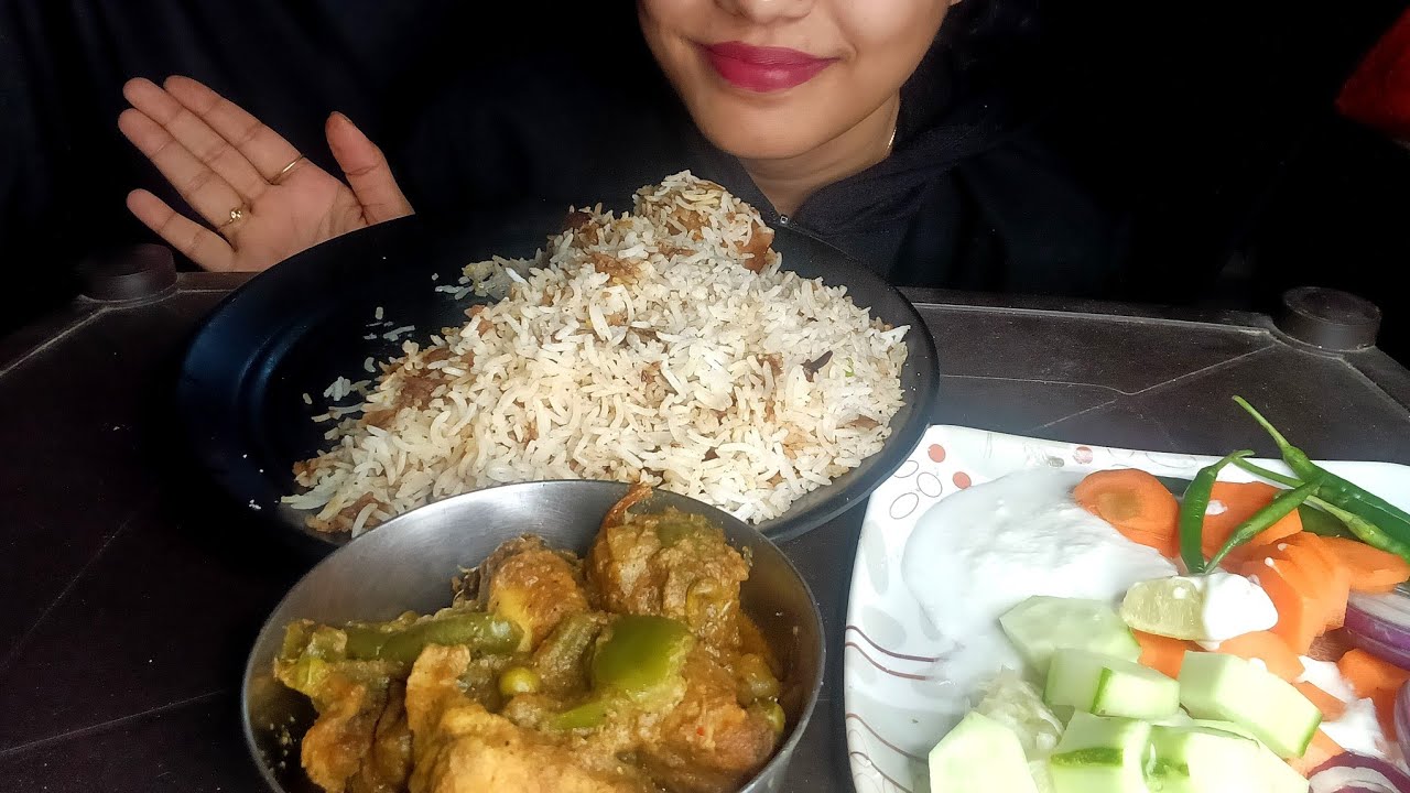 EATING SHOW ASMR ALOO BIRYANI, CHICKEN KOSHA AND SALAD MASSIVE EATING
