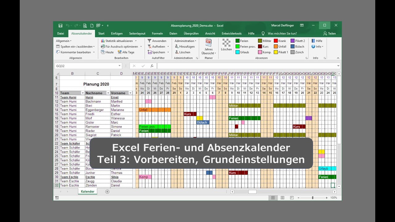 Excel Ferien- und Absenzkalender. Teil 3: Vorbereiten und Anpassen (Urlaubsplaner, Urlaubs-Kalender)