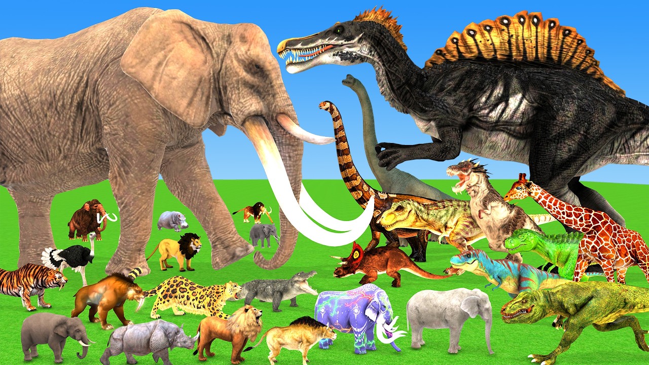 African Elephant vs Spinosaurus vs Dinosaurs Wild Animals Epic Battle Animal Revolt Battle Simulator