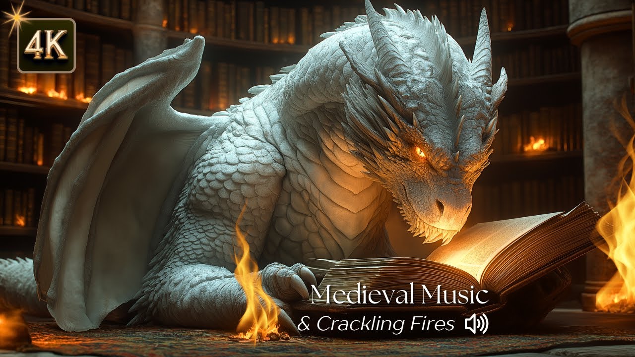 Fantasy Dragon Reading in an Ancient Library | Relaxing Medieval Ambience | Sleep, Study, Focus