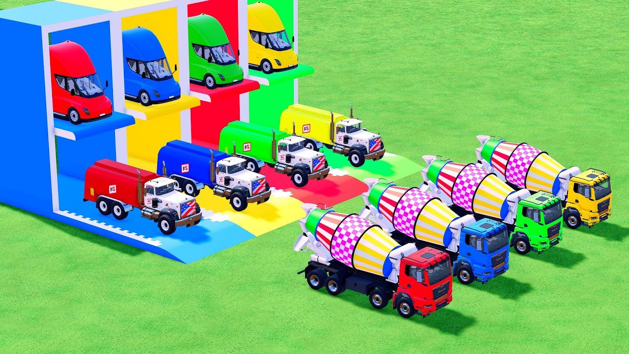 Garage with Colors - ALL MIXER TRUCK WITH DOUBLE FLATBED TRAILER TRUCK, DAF, SCANIA, PETERBILT