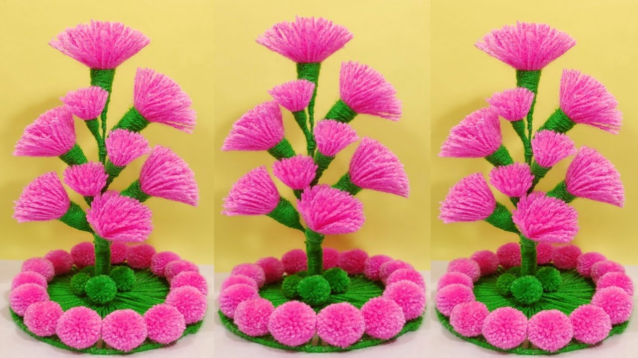 ऊन से गुलदस्ता बनाने का तरीका/DIY NEW DESIGN WOOLEN FLOWERS GULDASTA/WOOLEN FLOWER VASE CRAFT IDEA