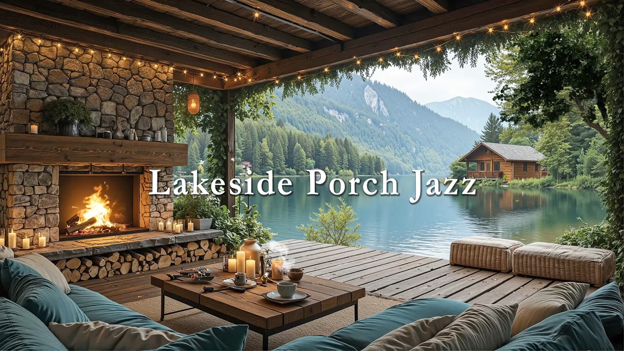Lakeside Porch Jazz ☕ Fireplace Glow, Mountain Lake Views & Smooth Jazz Relaxation