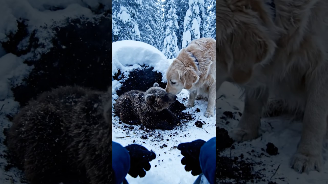 A small bear is surrounded by two wolves in the forest.
