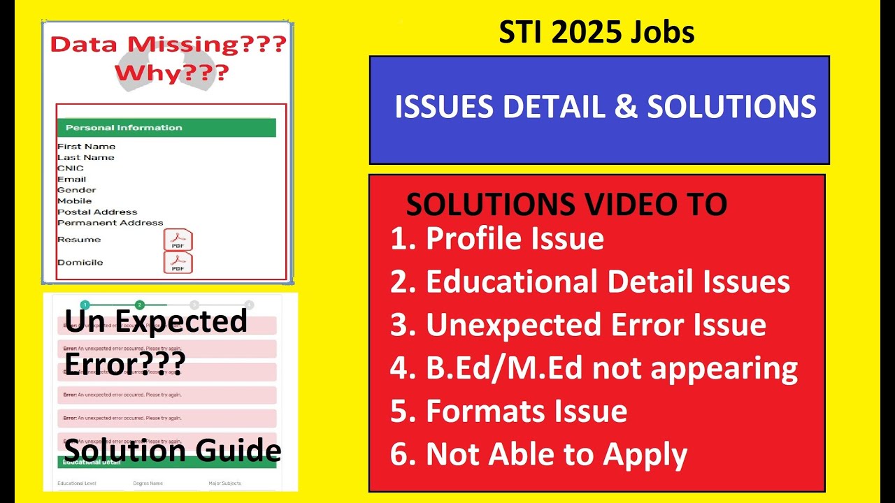 STI Jobs 2025 Application Profile Issues & Solutions, Educational Detail, Unexpected Error Issue