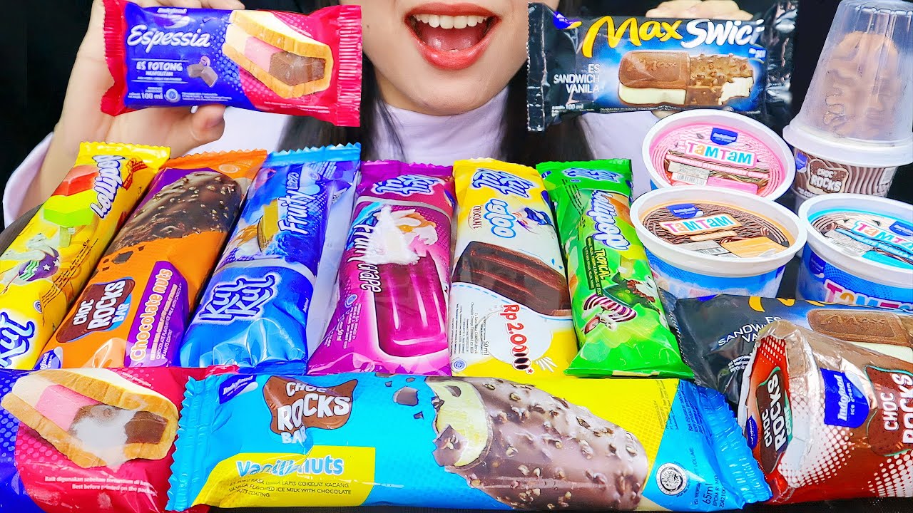ASMR ICE CREAM INDOFOOD 🍦 MAX SWICH, KUL-KUL LOLLIPOP, CHOC ROCKS BAR, ESPESSIA, TAMTAM MUKBANG