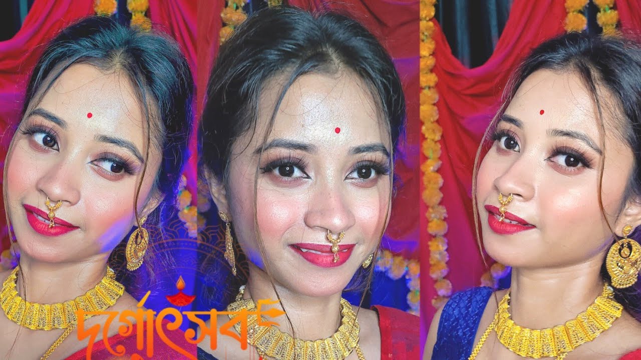 Durga Puja ashtami saree makeup look // durga puja ashtami day saree and hairstyle