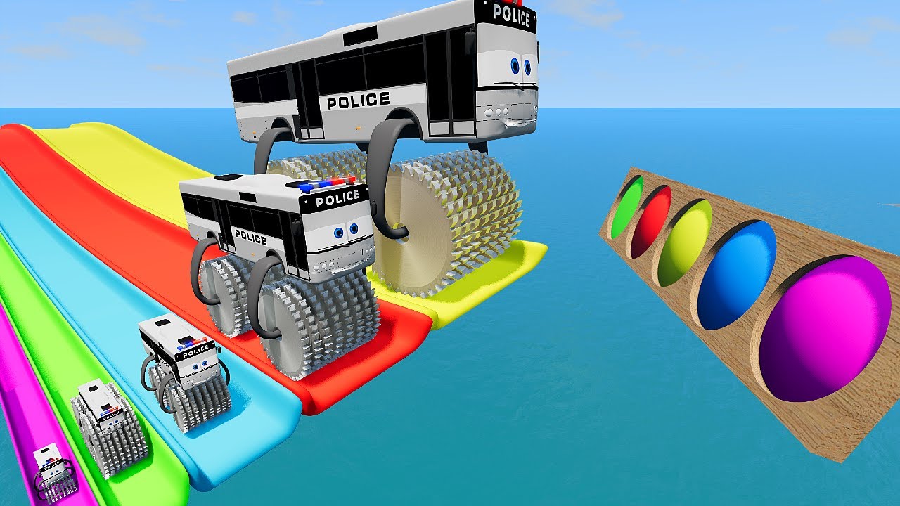 Big & Small Police Bus Monster Saw Wheels vs Slide w Portal Trap - Bus vs Rails & Train - BeamNG #93
