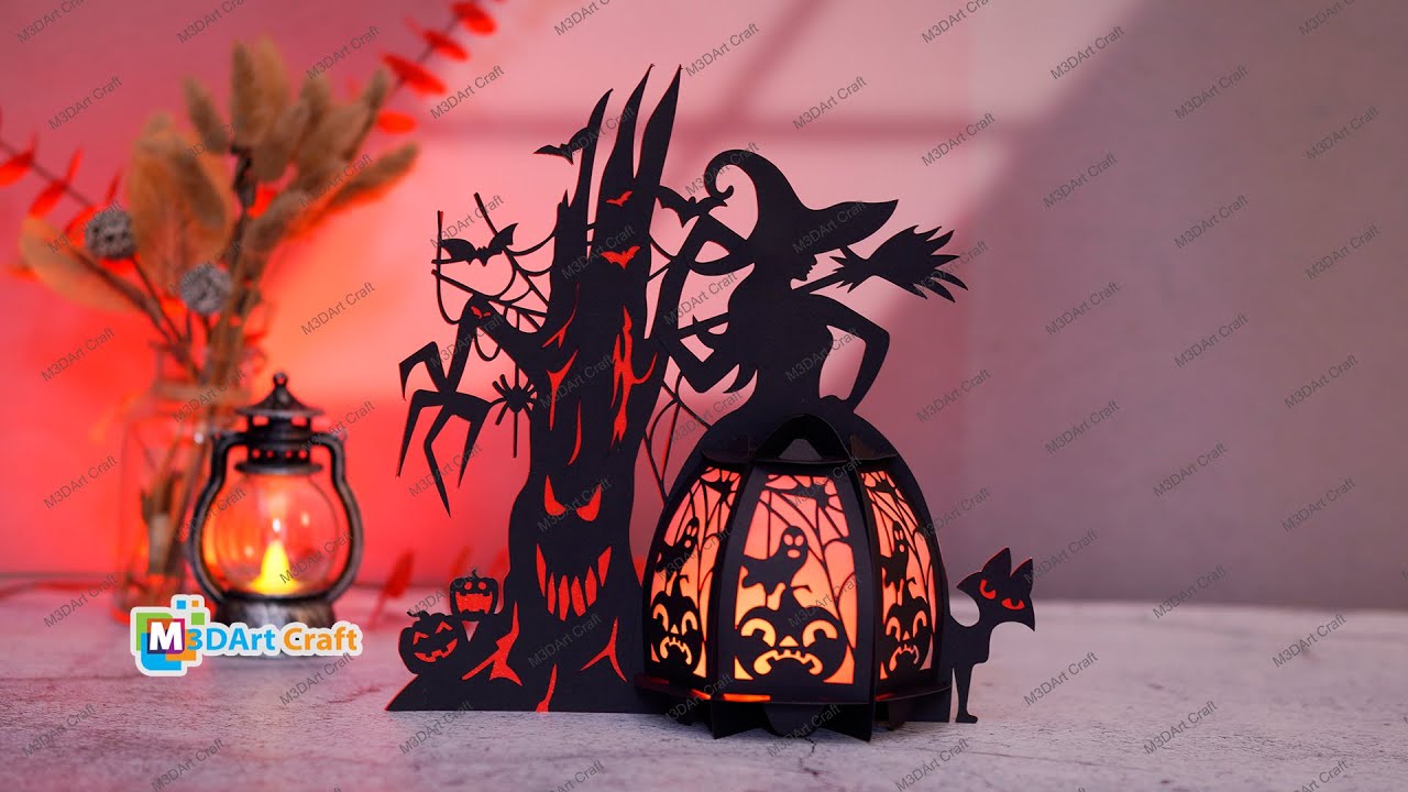 How to make Halloween Tree Witch Lantern - SVG, Studio, PDF Templates for Cricut, ScanNcut, Cameo 4