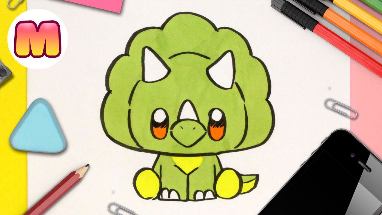 COMO DIBUJAR UN DINOSAURIO KAWAII - dibujos kawaii faciles - Como dibujar un triceratops