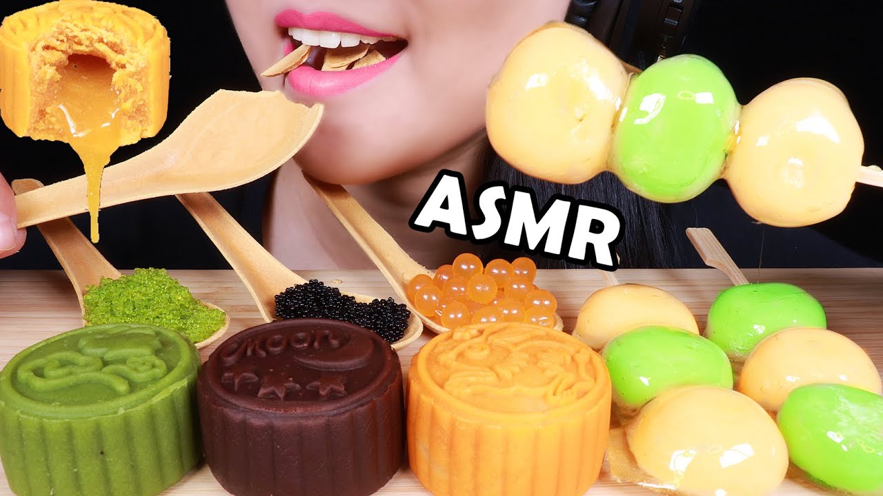 ASMR EATING SOUNDS EDIBLE SPOONS & MOONCAKES TOBIKO EGGS CANDIED MOCHI TANGHULU POPPING BOBA 咀嚼音