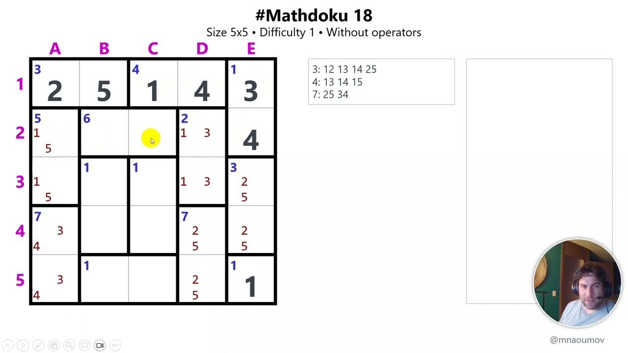 #Mathdoku 18 Size 5x5 / Difficulty 1 / Without operators