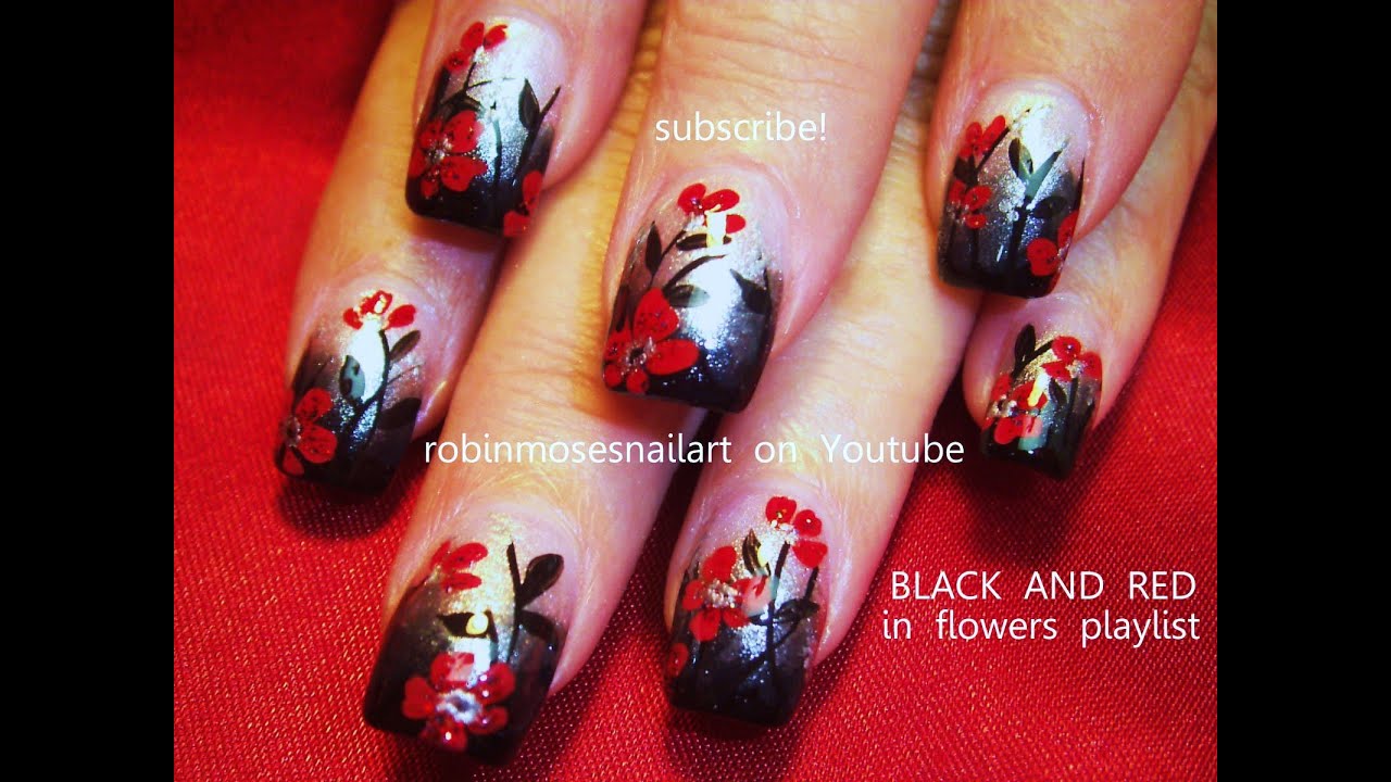 Nail Art! Black Gradient with Red Flower Nails! Gothic Nail Design