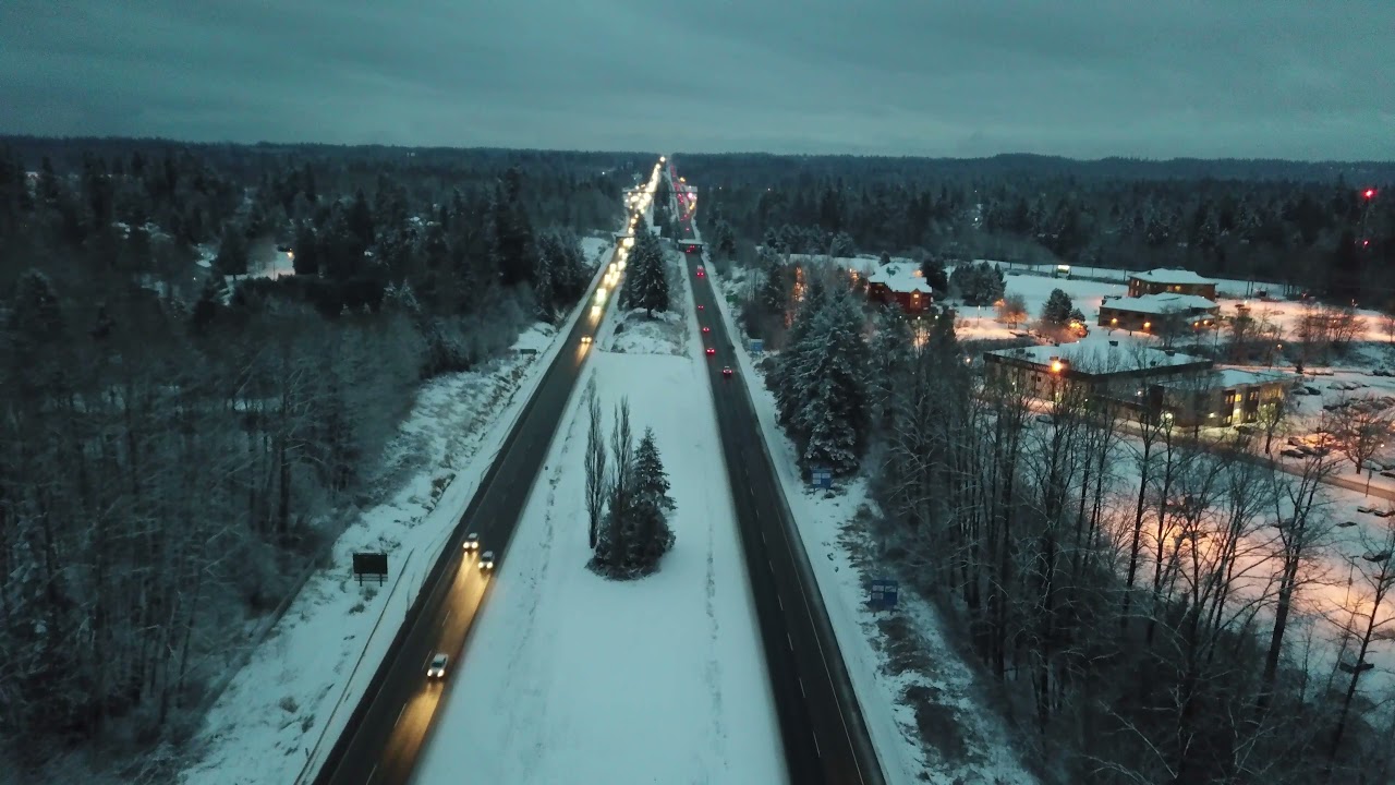 Drone over Langley BC Highway 1 Aldergrove Trinity Western University in the Snow during blue hour