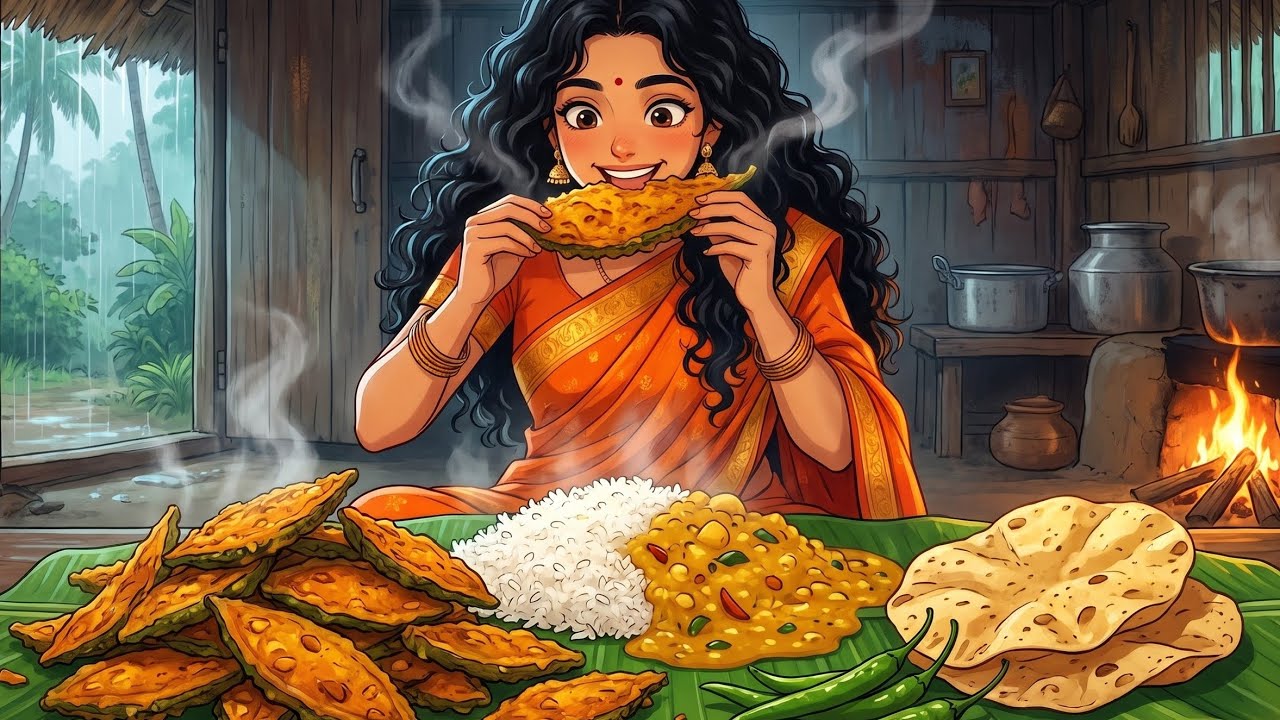 Heavy Rain 🌧️ | Karela Fry, Dal Rice & Papad in an Old Hut | Village ASMR #ghibli 