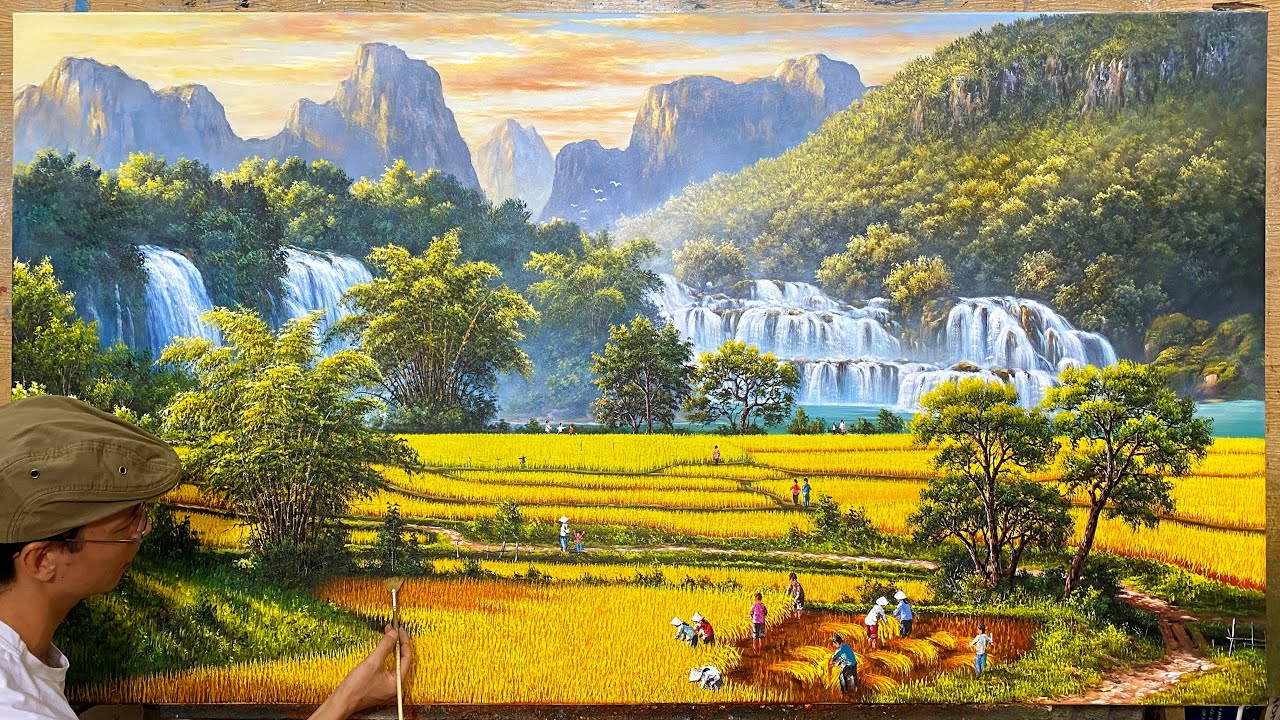 The process of painting beautiful landscapes / Ban Gioc waterfall landscape / Acrylic painting.