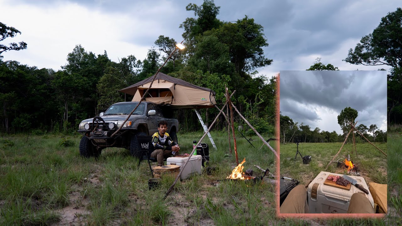 Camping with Rain in forest and cooking បោះតង់ពេលមេឃភ្លៀងលើឡានក្នុងព្រៃម្នាក់ឯង នឹងធ្វើរម្ហូបញាំ