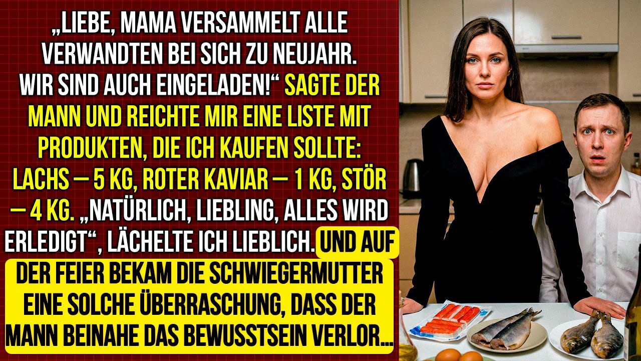 Mein Mann gab mir eine Einkaufsliste für seine Mutter: Lachs – 5 kg, Kaviar – 1 kg, Stör – 4 kg.