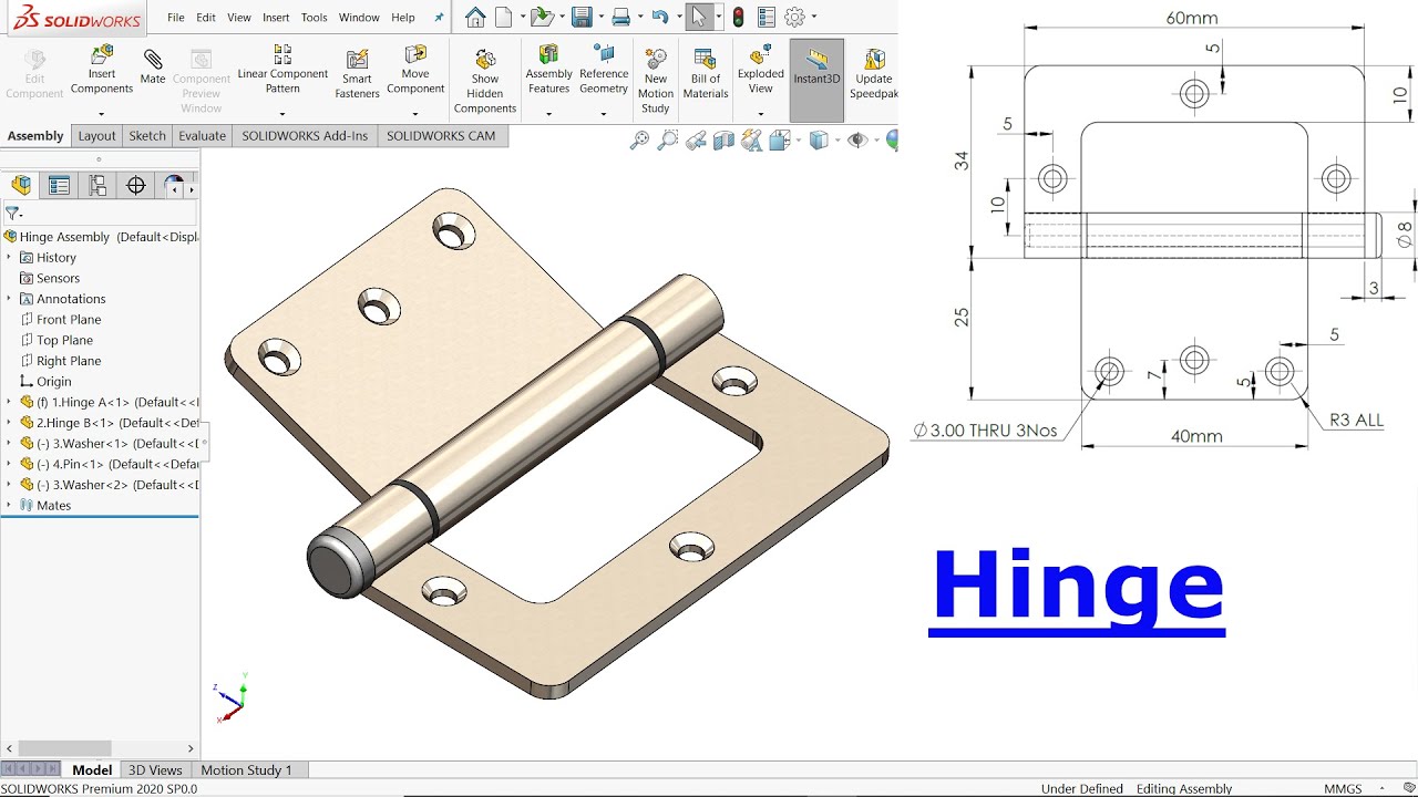 Design & Assembly of Hinge in SolidWorks