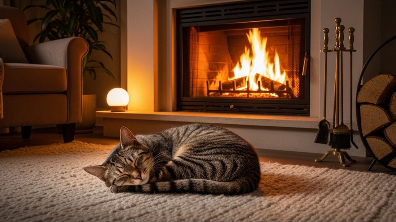 CALM RELAXING MUSIC FOR CATS 🐱 WARM WINTER ATMOSPHERE WITH SOOTHING FIREPLACE