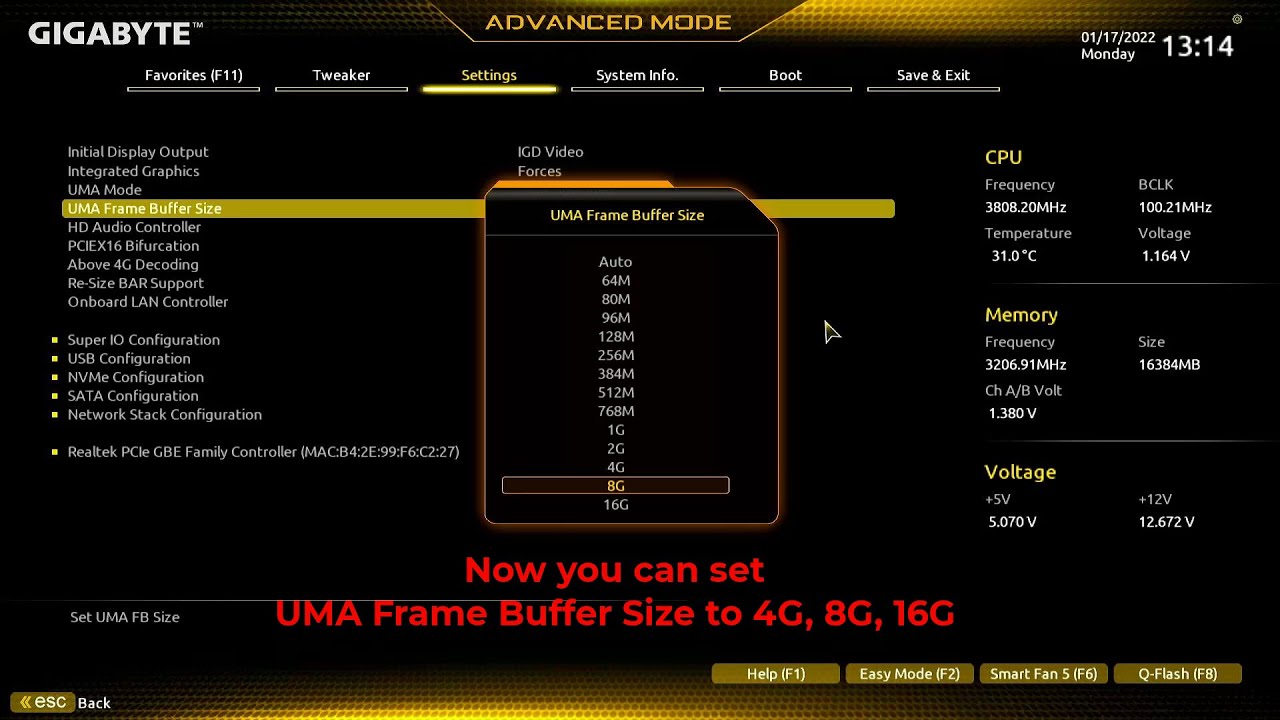 Gigabyte A520M H - how change VRAM up to 4GB, 8GB or 16GB