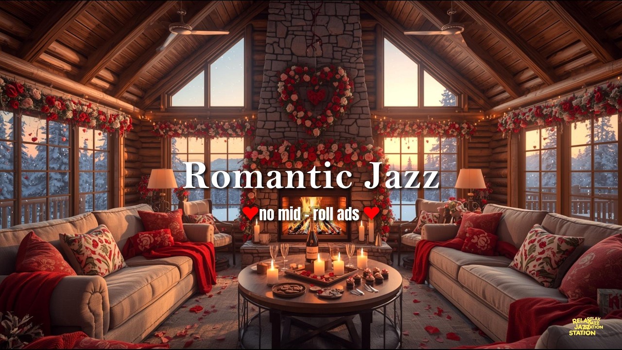 💘 Romantic Valentine Jazz (NO MID-ROLL ADS) – Cozy & Warm Fireplace Ambience 💘
