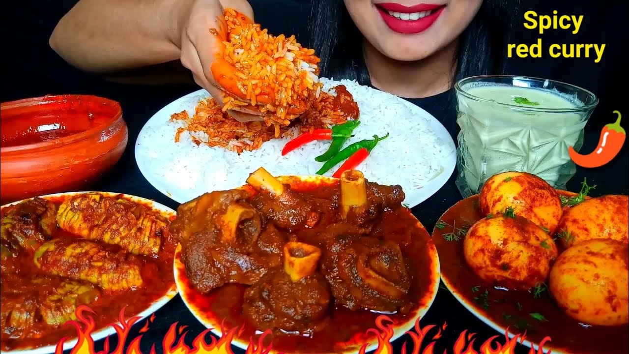 ASMR:EATING SPICY MUTTON RED CURRY,BORHANI,EGG RED CURRY,POINTED GOURD RED CURRY,RICE|#HUNGRYGIRL