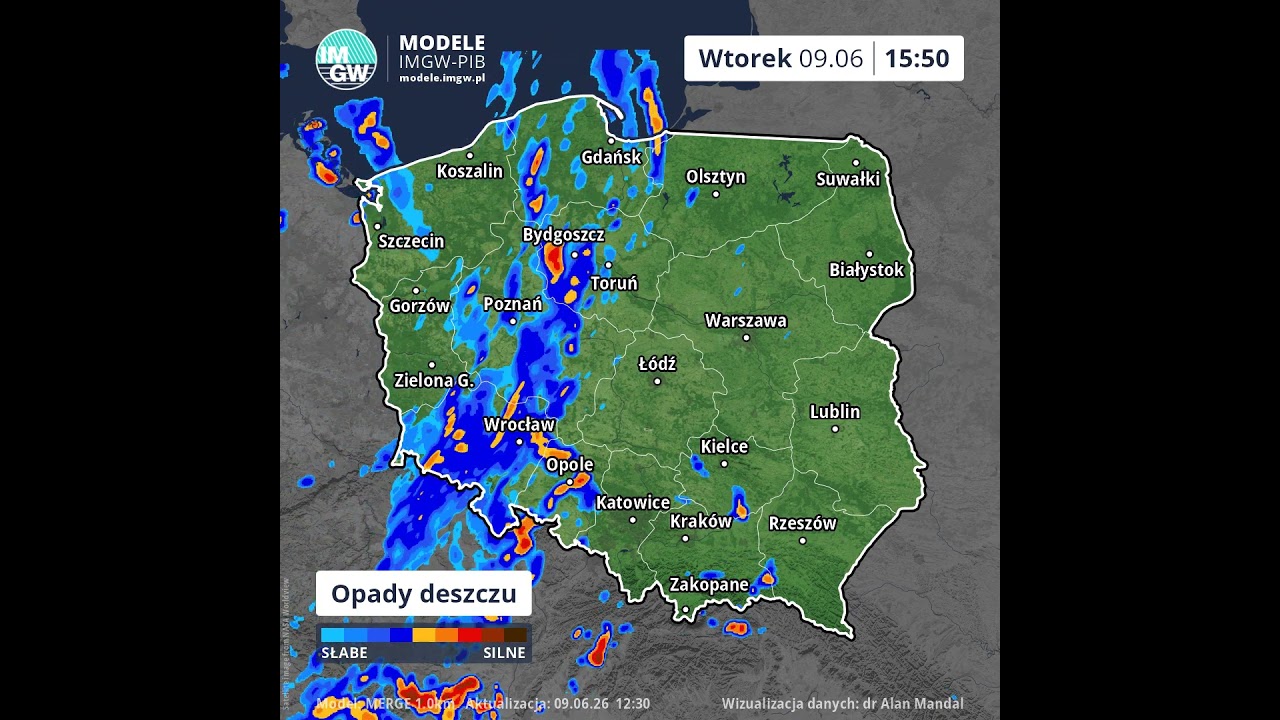 Prognoza opadu na 8 godzin (Model MERGE) 09.06.2026 #ostrzeżenia  #imgw  #ostrzeżenia  #news