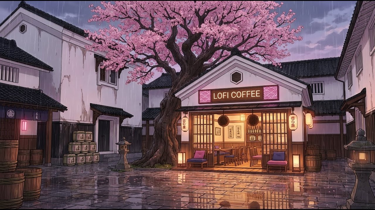 Peaceful Rainfall at a Traditional Sakura Lofi Coffee 🌸☕ Neon Lofi for Study, Focus & Mental Calm