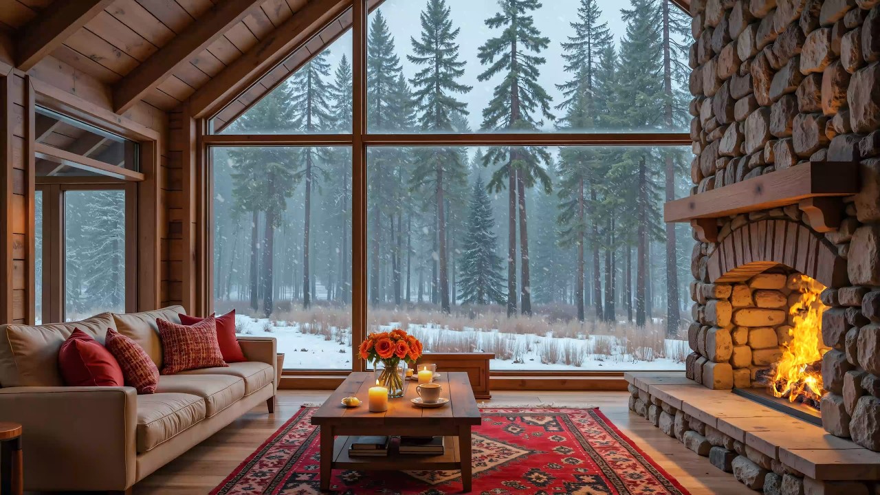 Cozy Winter Cabin Ambience ❄️ Gentle Piano Music, Falling Snow & Cozy Fireplace for Relaxation